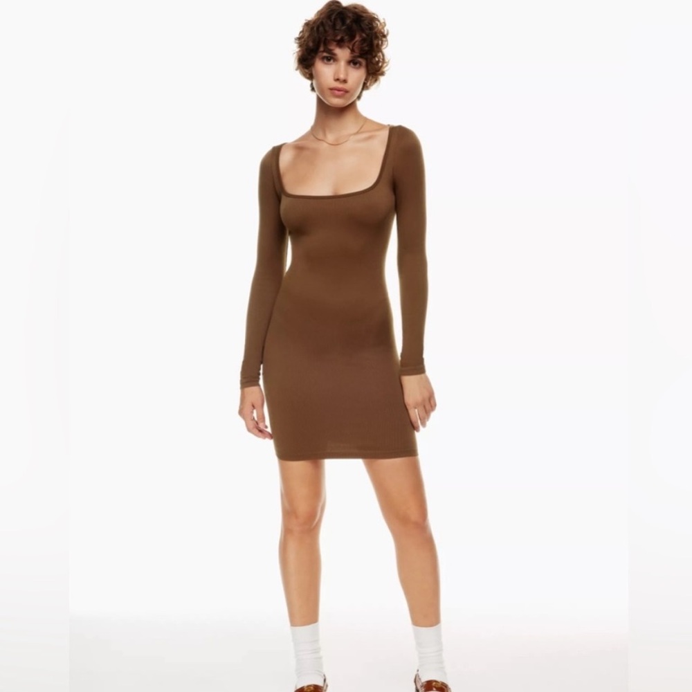 NWT Aritzia Sunday Best Delta Sinchseamless Ribbed Bodycon Dress Brown sz Large